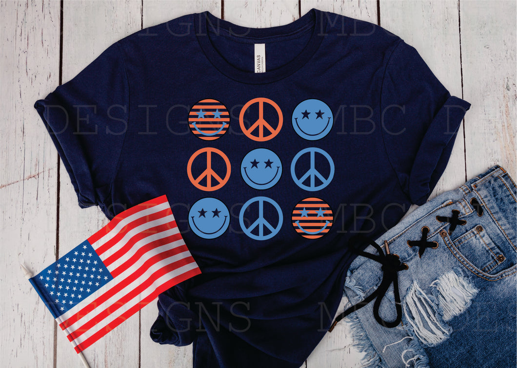 Patriotic Smiley Face Peace Sign-Toddler Sizing